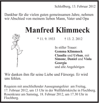 Traueranzeige von Manfred Klimmeck von Schwäbische Post