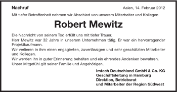Traueranzeige von Robert Mewitz von Schwäbische Post
