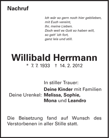 Traueranzeige von Willibald Herrmann von Schwäbische Post