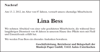 Traueranzeige von Lina Bess von Schwäbische Post