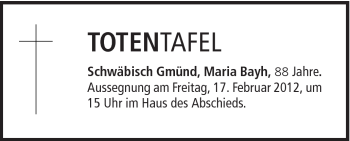 Traueranzeige von Maria Bayh von Gmünder Tagespost