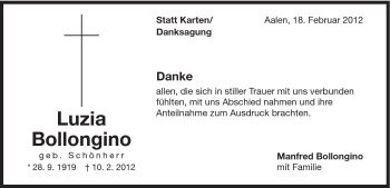 Traueranzeige von Luzia Bollongino von Schwäbische Post
