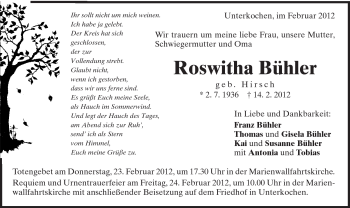 Traueranzeige von Roswitha Bühler von Schwäbische Post
