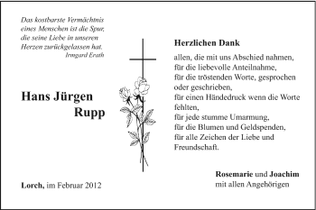 Traueranzeige von Hans Jürgen Rupp von Gmünder Tagespost