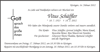 Traueranzeige von Vitus Schäffler von Schwäbische Post