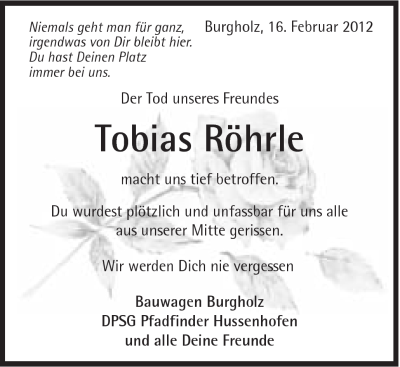  Traueranzeige für Tobias Röhrle vom 16.02.2012 aus Gmünder Tagespost