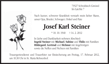 Traueranzeige von Josef Steiner von Gmünder Tagespost