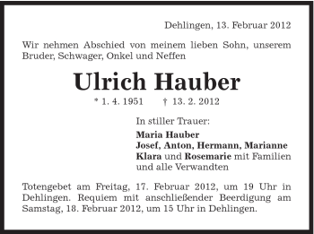 Traueranzeige von Ulrich Hauber von Schwäbische Post