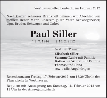 Traueranzeige von Paul Siller von Schwäbische Post