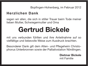Traueranzeige von Gertrude Bickele von Schwäbische Post