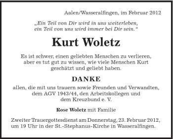 Traueranzeige von Kurt Woletz von Schwäbische Post