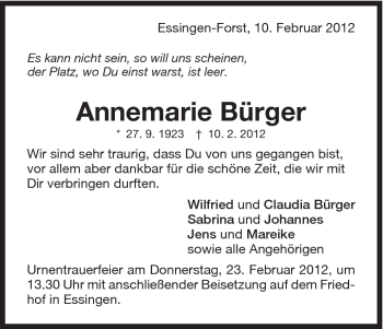 Traueranzeige von Annemarie Bürger von Schwäbische Post