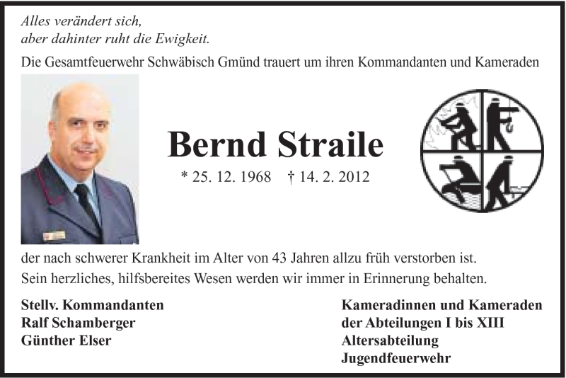  Traueranzeige für Bernd Straile vom 18.02.2012 aus Gmünder Tagespost