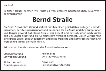 Traueranzeige von Bernd Straile von Gmünder Tagespost