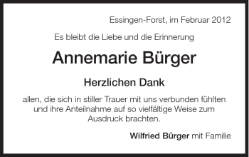 Traueranzeige von Annemarie Bürger von Schwäbische Post