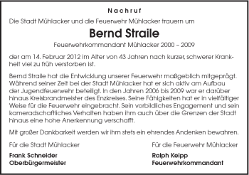 Traueranzeige von Bernd Straile von Gmünder Tagespost