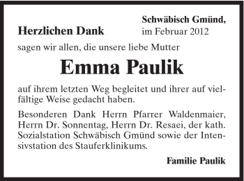 Traueranzeige von Emma Paulik von Gmünder Tagespost