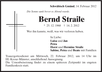 Traueranzeige von Bernd Straile von Gmünder Tagespost