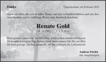 Traueranzeige von Renate Gold von Schwäbische Post