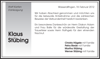 Traueranzeige von Klaus Stübing von Schwäbische Post