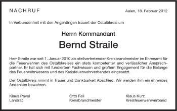 Traueranzeige von Bernd Straile von 020