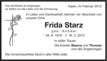 Traueranzeige von Frieda Starz von Schwäbische Post