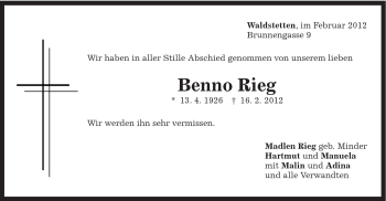 Traueranzeige von Benno Rieg von Gmünder Tagespost