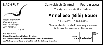 Traueranzeige von Anneliese Bauer von Gmünder Tagespost