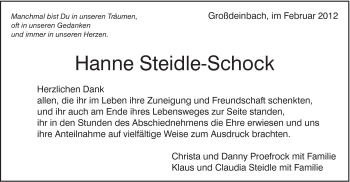 Traueranzeige von Hanne Steidle-Schock von Gmünder Tagespost