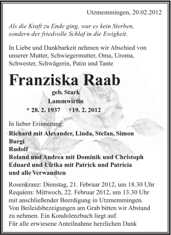 Traueranzeige von Franziska Raab von Schwäbische Post