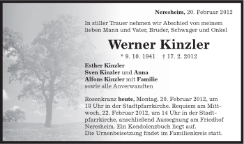 Traueranzeige von Werner Kinzler von Schwäbische Post