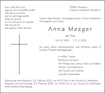 Traueranzeige von Anna Mezger von Gmünder Tagespost