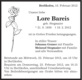 Traueranzeige von Lore Bareis von Gmünder Tagespost