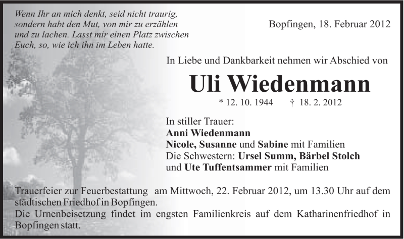 Traueranzeige für Uli Wiedenmann vom 20.02.2012 aus Schwäbische Post