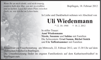 Traueranzeige von Uli Wiedenmann von Schwäbische Post