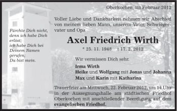 Traueranzeige von Wirth Axel von Schwäbische Post