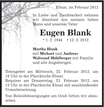 Traueranzeige von Eugen Blank von Schwäbische Post