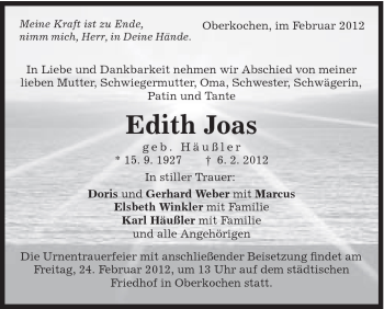 Traueranzeige von Edith Joas von Schwäbische Post