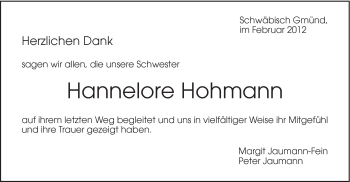 Traueranzeige von Hannelore Hohmann von Gmünder Tagespost
