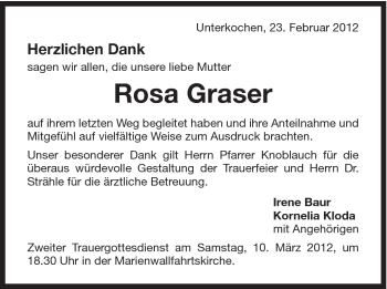 Traueranzeige von Rosa Graser von Schwäbische Post