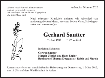 Traueranzeige von Gerhard Sautter von Schwäbische Post