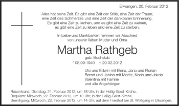 Traueranzeige von Martha Rathgeb von Schwäbische Post