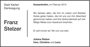 Traueranzeige von Franz Stelzer von Gmünder Tagespost