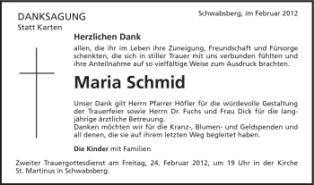 Traueranzeige von Maria Schmid von Schwäbische Post