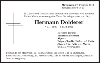Traueranzeige von Hermann Dolderer von Gmünder Tagespost