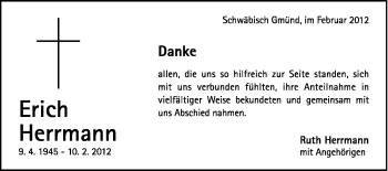 Traueranzeige von Erich Herrmann von Gmünder Tagespost