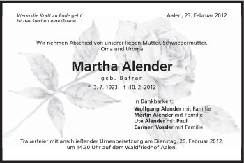 Traueranzeige von Martha Alender von Schwäbische Post