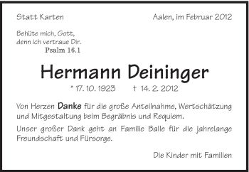 Traueranzeige von Hermann Deininger von Schwäbische Post