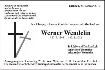 Traueranzeige von Werner Wendelin von Gmünder Tagespost