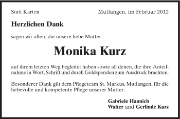 Traueranzeige von Monika Kurz von Gmünder Tagespost